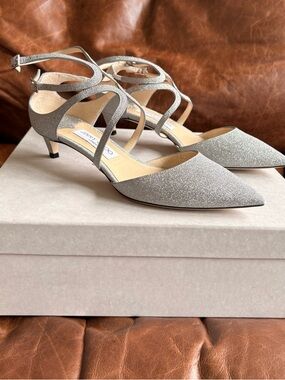 Jimmy Choo Silver Glitter Strappy Pointed-Toe Low Heels